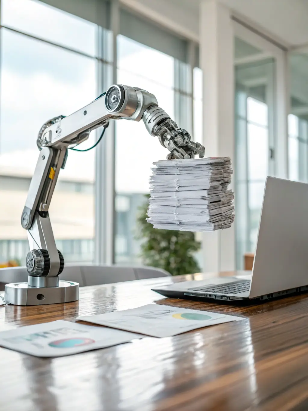 A professional-looking image of a robot arm assisting a business person with data analysis on a computer screen, symbolizing AI-powered automation.
