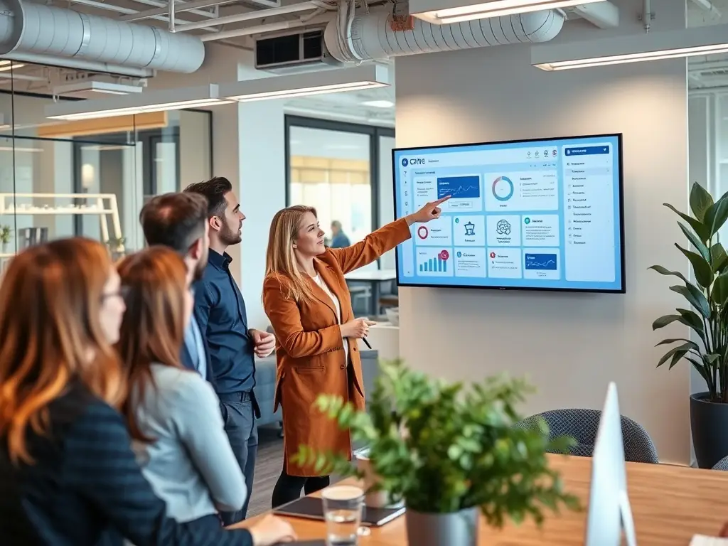 A team of professionals working together around a large screen displaying a CRM dashboard, illustrating the setup and management of a customer relationship management system.