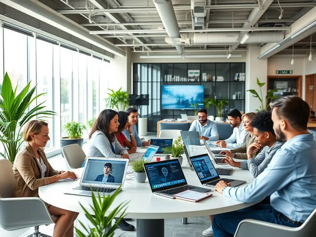 A brightly lit, modern office space where employees are collaborating and using AI-powered tools on their computers to automate various tasks, showcasing a dynamic and efficient work environment.