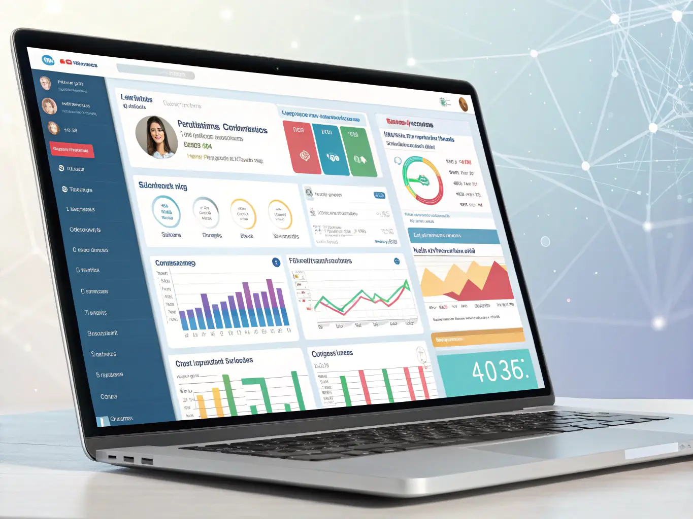 A clean and organized CRM dashboard, displaying customer data, sales pipelines, and communication logs.